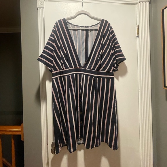 Shein Plus Striped Deep V Neck Button Through Dress - Picture 2 of 3